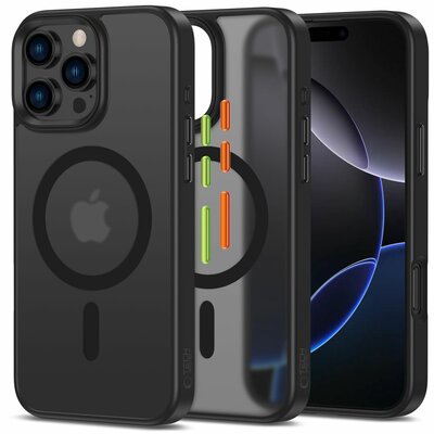 TechProtection MagSafe iPhone 16 Pro hoesje mat zwart met gekleurde knoppen
