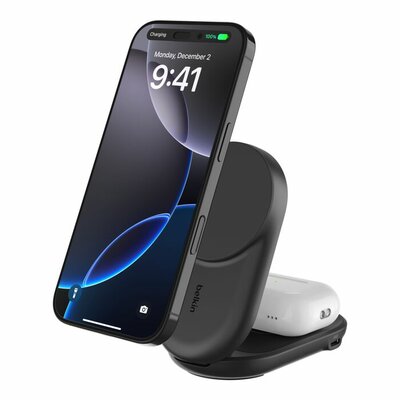 Belkin UltraCharge 2 in 1 opvouwbare MagSafe lader met Qi2 25 watt zwart