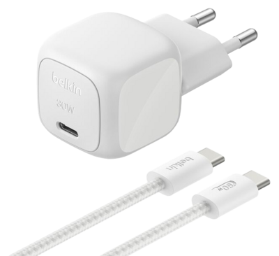 Belkin BoostCharge 30 watt USB-C oplader met gevlochten USB C kabel zilver