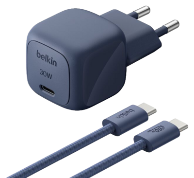 Belkin BoostCharge 30 watt USB-C oplader met gevlochten USB C kabel indigo