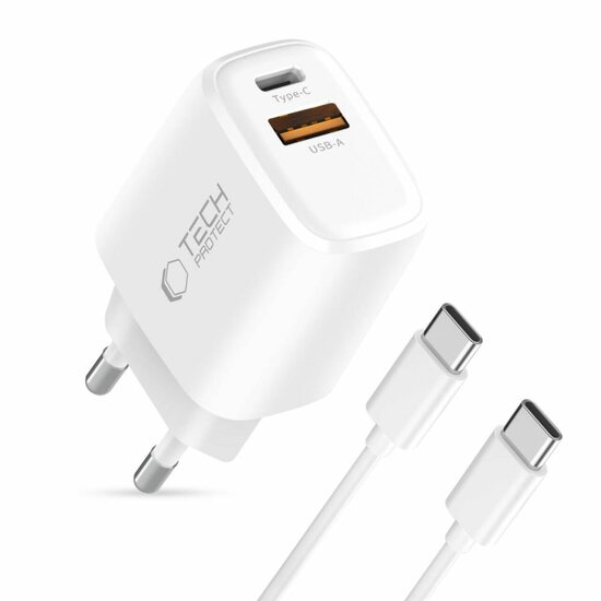 TechProtection USB-C 2 poort oplader 30 watt met USB-C kabel