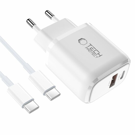 TechProtection USB-C 2 poort oplader 30 watt met USB-C kabel