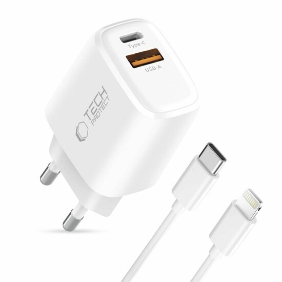 TechProtection USB-C 2 poort oplader 30 watt met USB-C naar Lightning kabel