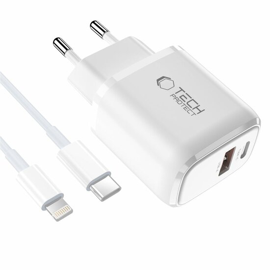 TechProtection USB-C 2 poort oplader 30 watt met USB-C naar Lightning kabel