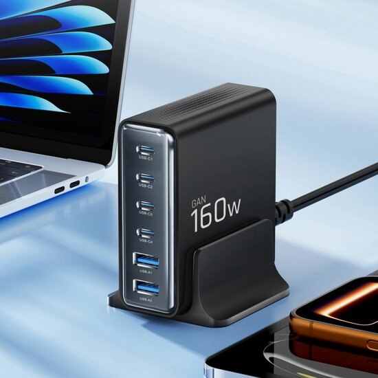 TechProtection GAN 6 poort 160 Watt USB-C oplader