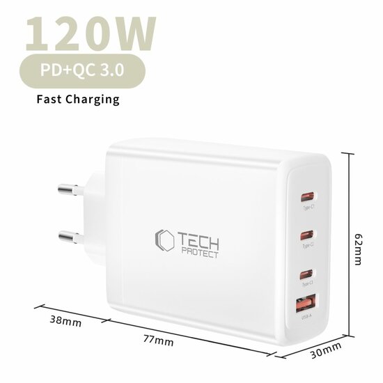 TechProtection GaN 4 poort 120 watt USB-C oplader wit