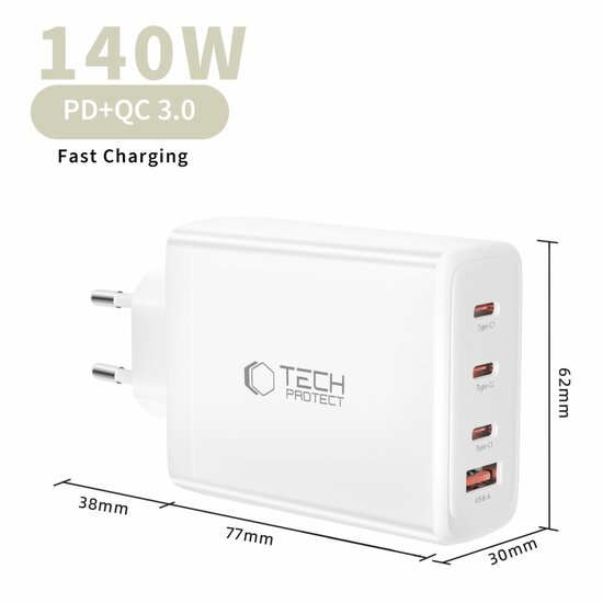 TechProtection GaN 4 poort 140 watt USB-C oplader wit