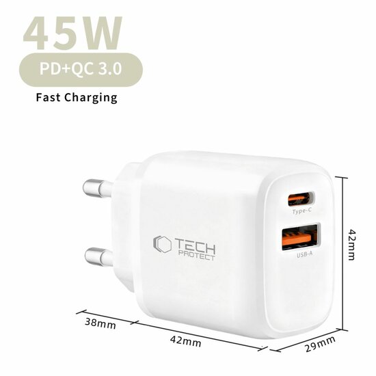 TechProtection GaN 45 watt USB-C oplader wit