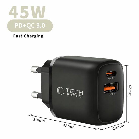 TechProtection GaN 45 watt USB-C oplader zwart