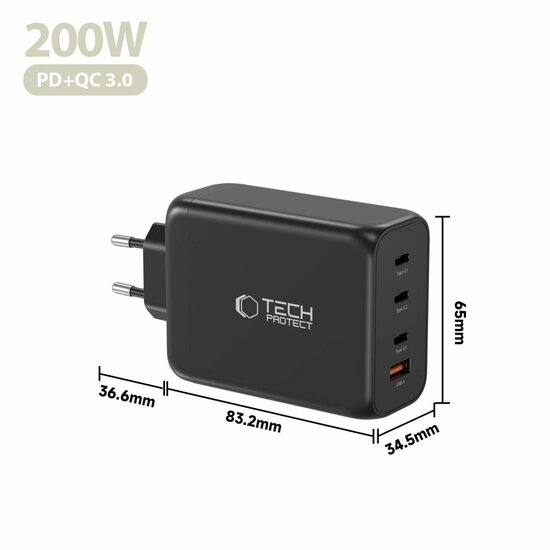 TechProtection GaN 4 poort 200 watt USB-C oplader zwart