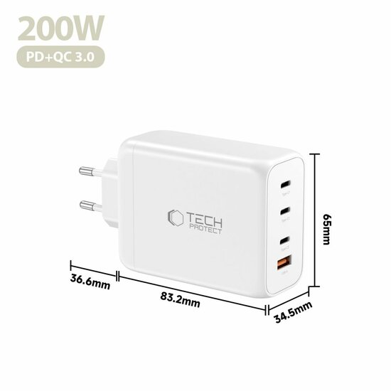 TechProtection GaN 4 poort 200 watt USB-C oplader wit