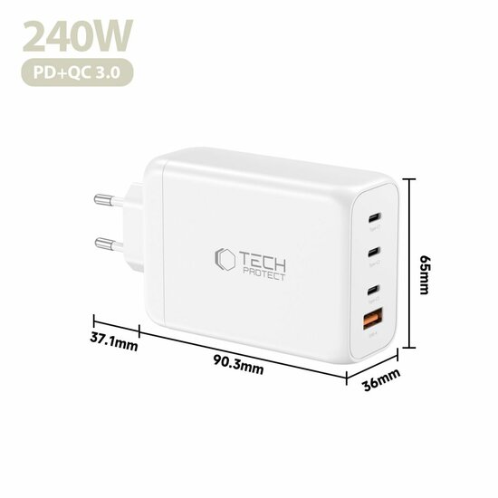 TechProtection GaN 4 poort 240 watt USB-C oplader wit