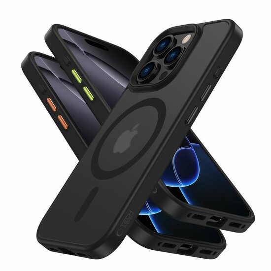 TechProtection MagSafe iPhone 16 Pro hoesje mat zwart met gekleurde knoppen