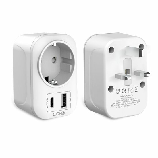 TechProtection reisstekker UK to EU met USB poorten