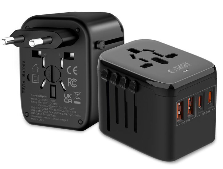 TechProtection Power universele reis wereldstekker voor 170 landen met 4 USB aansluitingen