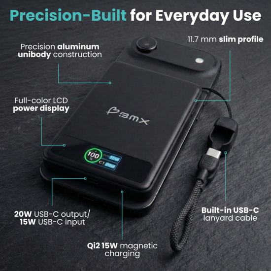 BMX SolidSafe 5 K MagSafe solid-state powerbank 5000 mAh zwart