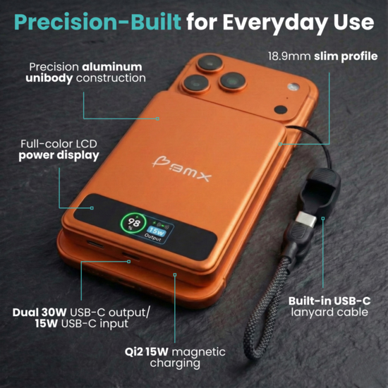 BMX SolidSafe 10 K MagSafe solid-state powerbank 10000 mAh oranje