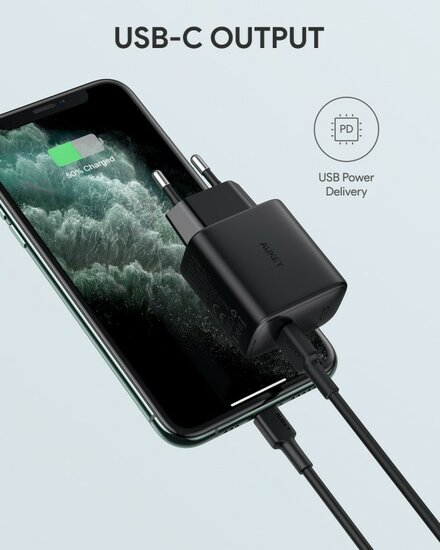 Aukey 18 watt USB-C thuis oplader Zwart