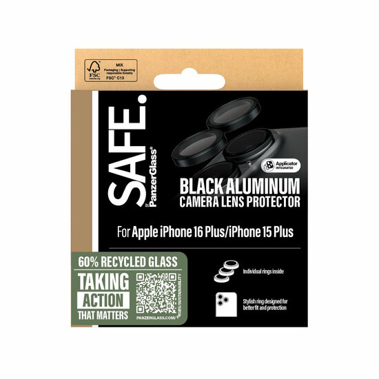 PanzerGlass SAFE iPhone 16 / 16 Plus glazen camerabeschermer zwart