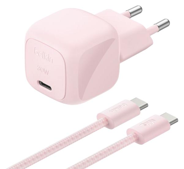 Belkin BoostCharge 30 watt USB-C oplader met gevlochten USB C kabel blush roze
