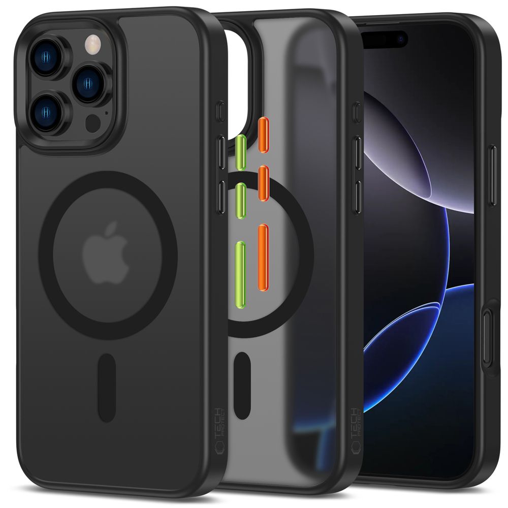 TechProtection MagSafe iPhone 16 Pro hoesje mat zwart met gekleurde knoppen