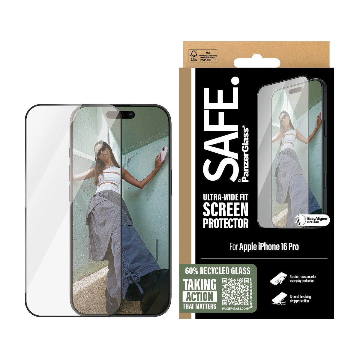 PanzerGlass SAFE iPhone 16 Pro Ultra Wide Fit glazen screenprotector met zwarte rand 