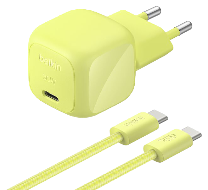 Belkin BoostCharge 30 watt USB-C oplader met gevlochten USB C kabel citrus